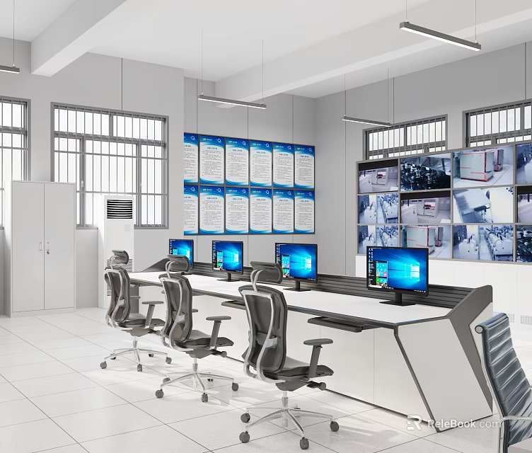 Monitoring Room Interior With Multiple Monitors Blue Information Boards Control Desk And Office Chairs 3d model 
