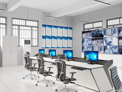 Monitoring Room Interior With Multiple Monitors Blue Information Boards Control Desk And Office Chairs 3d model