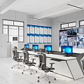 Monitoring Room Interior With Multiple Monitors Blue Information Boards Control Desk And Office Chairs
