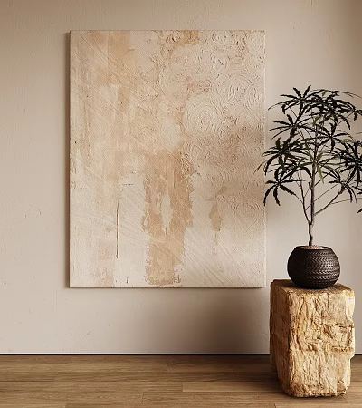 Abstract Painting In Neutral Tones With Potted Plant And Wooden Stand 3d model