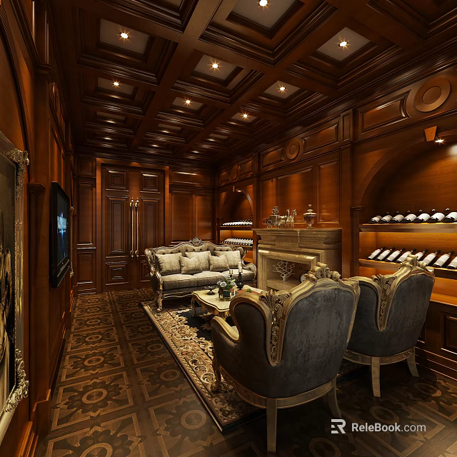 Luxurious Clubhouse Interior With Wooden Paneling Sofa Armchairs Fireplace Wine Rack And Decorative Ceiling 3d model 