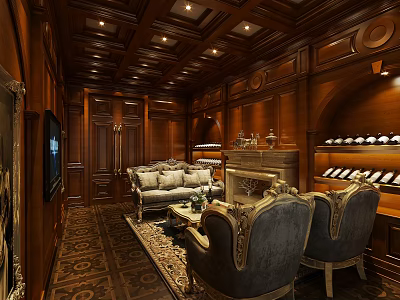 Luxurious Clubhouse Interior With Wooden Paneling Sofa Armchairs Fireplace Wine Rack And Decorative Ceiling 3d model