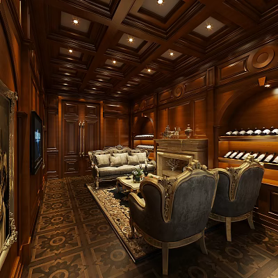 Luxurious Clubhouse Interior With Wooden Paneling Sofa Armchairs Fireplace Wine Rack And Decorative Ceiling 3d model