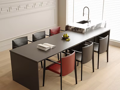 Dark Table and Chairs Set with Red and Black Chairs Fruit Book in Modern Room 3d model