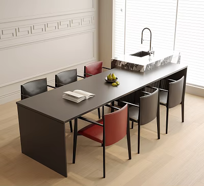 Dark Table and Chairs Set with Red and Black Chairs Fruit Book in Modern Room 3d model