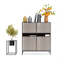 Modern Wooden Cabinet With Decorative Vases Plants And Side Table