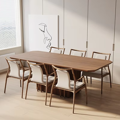 Modern Wooden Dining Table Set With Six Chairs And White Upholstered Seats 3d model