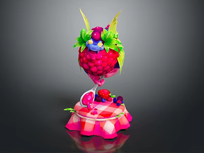Raspberry Character With Biological Elements Such As Green Leaves Yellow Antennae And Checkered Base 3d model