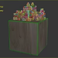 Wooden Architectural Model With Castle Like Arched Structures On Cube Base