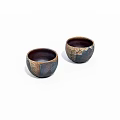 Handcrafted Ceramic Tableware Set with Dark Brown Blue Copper Crackle Glaze Two Bowls 3d model