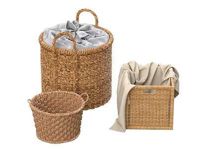 Woven Storage Baskets Set Round Square Natural Brown With Soft Gray Cloth For Home Organizing 3d model