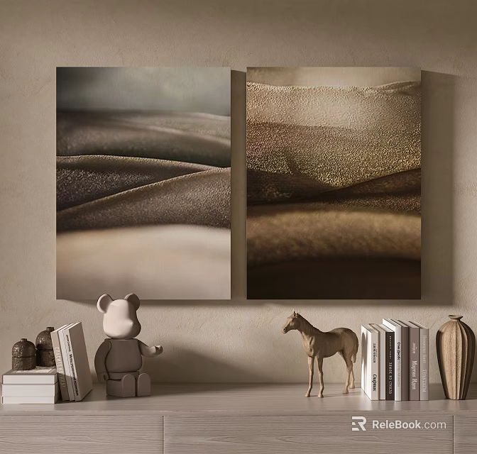 Abstract Paintings With Beige Brown Wavy Texture And Decorative Shelf Items 3d model