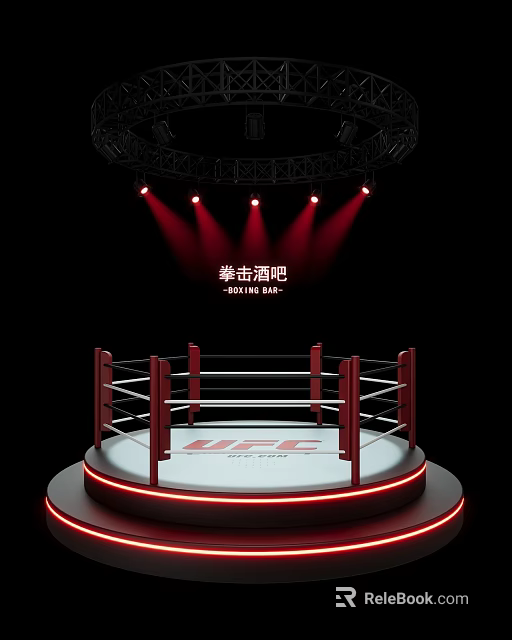 Professional Boxing Ring Equipment In Bar Setting With Red Posts Ropes And Lighting 3d model