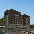 Modern Residential Building with Landscaped Gardens Trees Pathways Street Lamps and Water Features