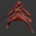 Game Character In White Coat With Orange Blue Accents Pink Mask Holding Sword Combat Stance