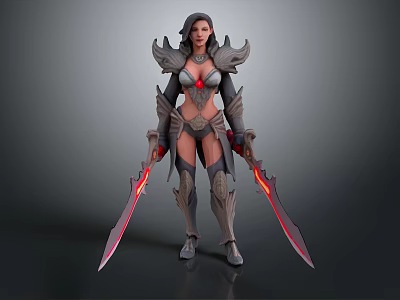 Fantasy Woman Warrior In Ornate Armor Holding Two Red Glowing Swords 3d model