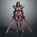 Fantasy Woman Warrior In Ornate Armor Holding Two Red Glowing Swords
