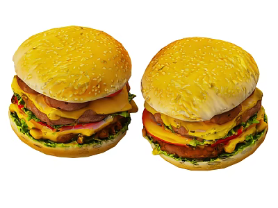 Delicious Hamburgers with Sesame Seed Buns Juicy Patty Cheese Lettuce Tomato and Onion 3d model