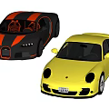 Two Stylish Sports Cars Black With Red Stripe And Yellow Exterior Design