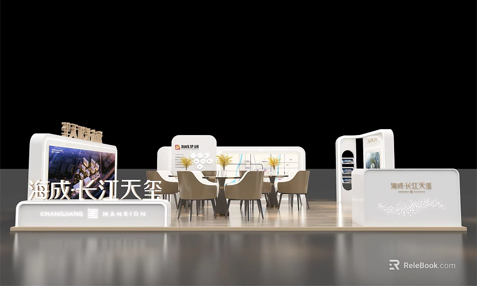 Modern Exhibition Booth Design With Open Layout Display Screens Tables And Chairs 3d model