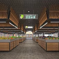 Well Organized Supermarket Vegetable Fruit Section With Fresh Produce And Wooden Shelves