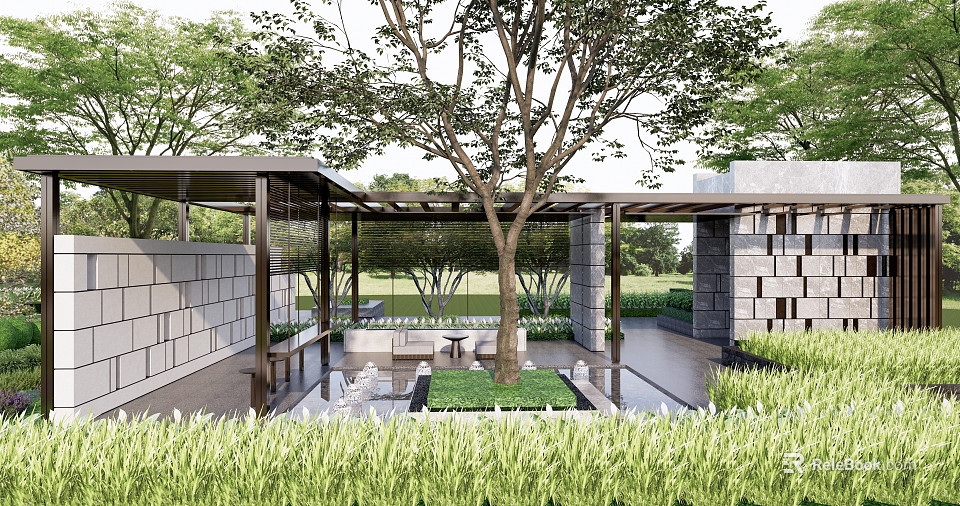 Modern Pergola Design With Central Tree Stone Walls And Courtyard Greenery 3d model 