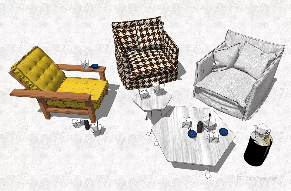 Casual Sofa Set Featuring Yellow Chair Black White Checkered Chair Gray Sofa And Coffee Table 3d model 