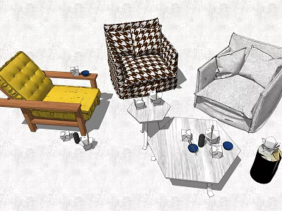 Casual Sofa Set Featuring Yellow Chair Black White Checkered Chair Gray Sofa And Coffee Table 3d model