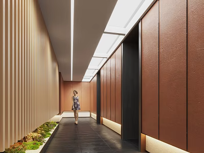 Modern Elevator Corridor Design With Wooden Walls Linear Lighting And Greenery 3d model