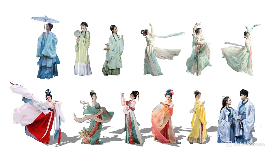 Multiple People Wearing Colorful Traditional Ancient Chinese Costumes In Various Poses 3d model 