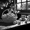 Fresh Ripe Apricots in Wicker Basket Scattered on Wooden Table with Sunlight Through Window