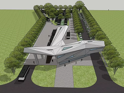 Modern Transportation Hub Exterior Design With Geometric Roof Trees And Pedestrians 3d model