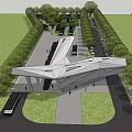 Modern Transportation Hub Exterior Design With Geometric Roof Trees And Pedestrians