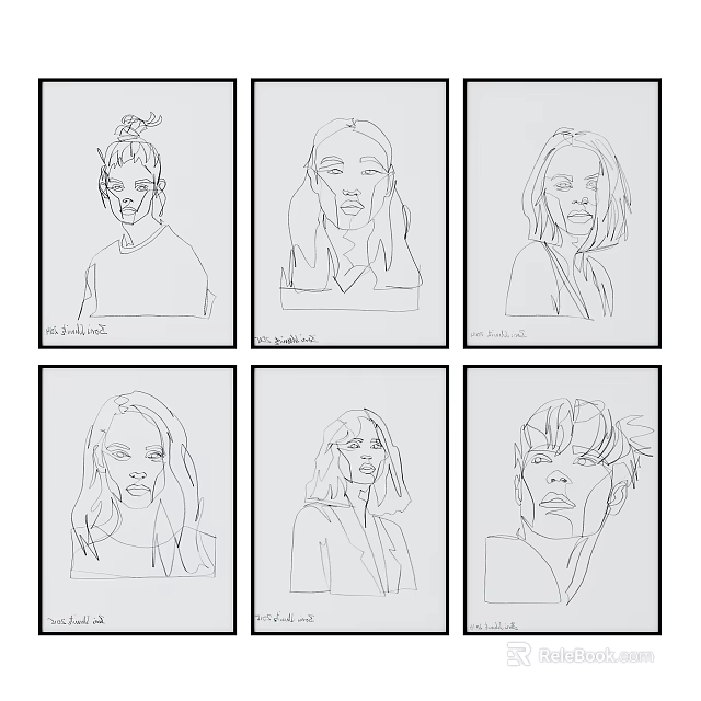 Minimal Line Art Figure Drawings Featuring Six Different Character Portraits 3d model 