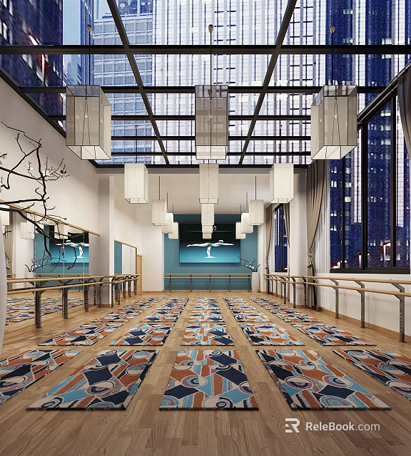 Spacious Fitness Dance Studio With Wooden Floors Colorful Carpets Barres And Mirror Walls 3d model 