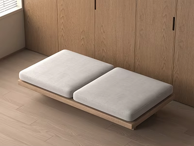 Modern Wooden Frame Sofa Bench with Two Light Cushions on Wooden Floor and Cabinetry 3d model