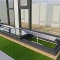 Modern Residential Building Balcony With Large Glass Windows Wooden Flooring Lawn And Mountain View