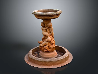 Stone Fountain With Angel Carvings On Circular Base And Top Basin 3d model
