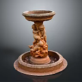 Stone Fountain With Angel Carvings On Circular Base And Top Basin