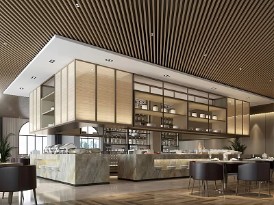 Modern Banquet Hall Interior With Wooden Ceiling Marble Counter And Dining Tables 3d model