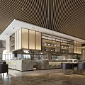 Modern Banquet Hall Interior With Wooden Ceiling Marble Counter And Dining Tables