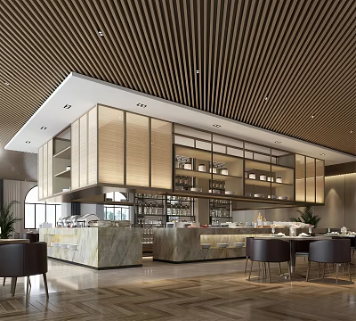 Modern Banquet Hall Interior With Wooden Ceiling Marble Counter And Dining Tables 3d model