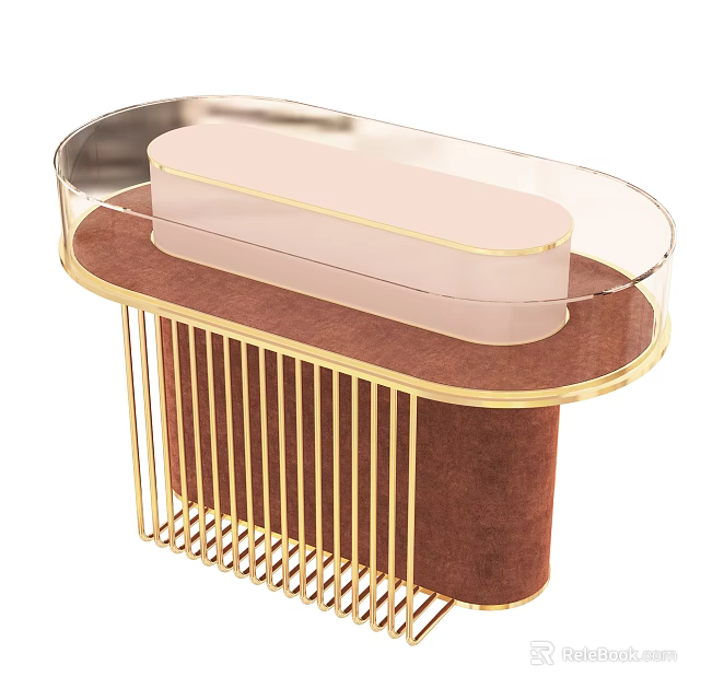 Modern Functional Table with Gold Metal Frame Brown Tabletop Transparent Surface and Grid Base 3d model 