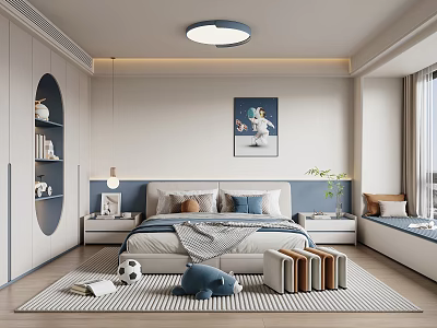 Modern Kids Room Interior With Bed Pillows Nightstands Rug Toys Bookshelf And Decorative Painting 3d model