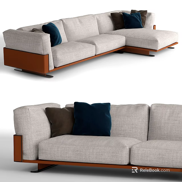 Modern Sectional Sofa with Light Gray Upholstery Navy Blue and Brown Cushions Wooden Frame 3d model 