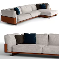 Modern Sectional Sofa with Light Gray Upholstery Navy Blue and Brown Cushions Wooden Frame
