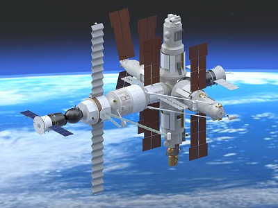 Orbiting Space Station With Solar Panels And Modules Against Earth Background 3d model