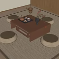 Japanese Wooden Tea Table with Floor Cushions Tea Set and Flower Vase on Beige Rug