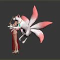 Traditional Female Character In Red White Robe With Pink Fox Tails And White Feline Creature