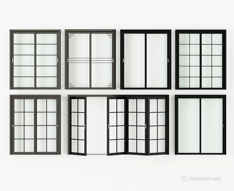 Modern Sliding Doors With Various Glass Panel Designs And Black Frames 3d model